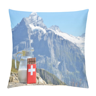 Personality  Swiss Chocolate And Jug Of Milk Against Mountain Peak. Switzerla Pillow Covers