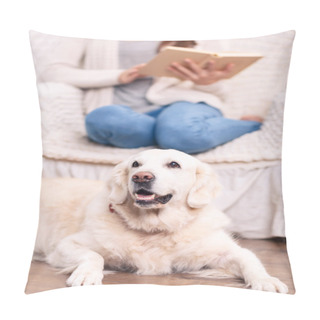 Personality  Cute Pet Dog On The Floor Beside Its Owner. Pillow Covers