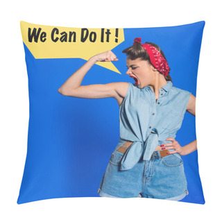 Personality  Young Woman In Retro Clothing Showing Muscles And Shouting With We Can Do It Speech Bubble Isolated On Blue Pillow Covers