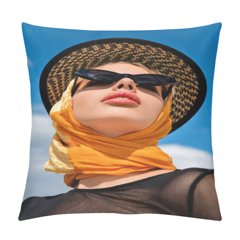 Personality  bottom view of stylish girl in trendy sunglasses and hat pillow covers