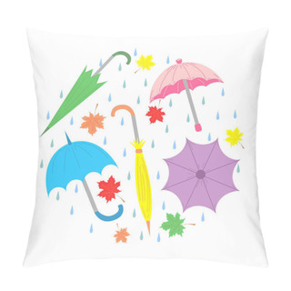 Personality   Set Of Hand Drawn Colorful Umbrellas, Maple Leaves And Drops Arranged In A Circle. Perfect For Print. Flat Style Pillow Covers