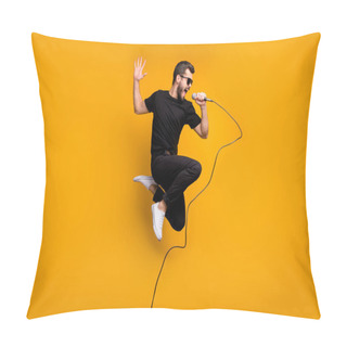 Personality  Full Body Profile Photo Of Crazy Hipster Guy Jumping High Holding Microphone Music Lover Singing Favorite Song Wear Sun Specs Black T-shirt Pants Isolated Yellow Color Background Pillow Covers