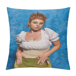 Personality  Alluring Redhead Plus Size Woman In White Blouse Looking At Camera On Blue Textured Backdrop Pillow Covers