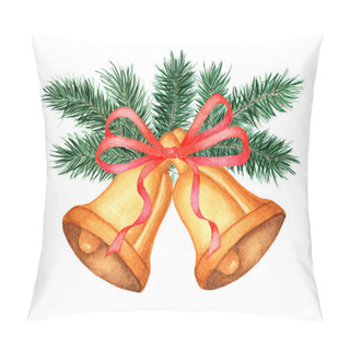 Personality  Decor For Christmas And New Years. Watercolor Illustration Of Bells Decorated With Fir Branches And Red Ribbon. Isolated On White Background. Drawn By Hand. Pillow Covers