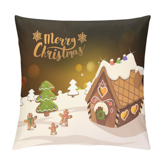Personality  Cristmas Background With Gingerbread House, Christmas Tree, And Little Men, Vector. Pillow Covers
