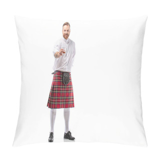 Personality  Smiling Scottish Redhead Man In Red Kilt With Whiskey In Glass On White Background Pillow Covers