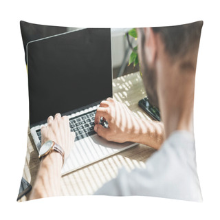 Personality  Back View Of Man Using Laptop With Blank Screen On Workplace Pillow Covers