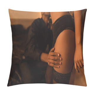 Personality  Cropped View Of Blurred Man Touching Hip Of Sexy African American Woman In Black Panties And Stockings Pillow Covers