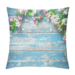 Personality  Spring Blooming Branches On Blue Wooden Background. Pillow Covers
