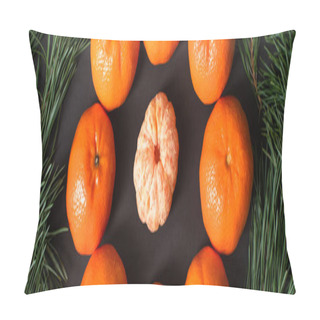 Personality  Flat Lay With Ripe Tangerines Near Golden Christmas Balls Near Fir Branches, Banner Pillow Covers