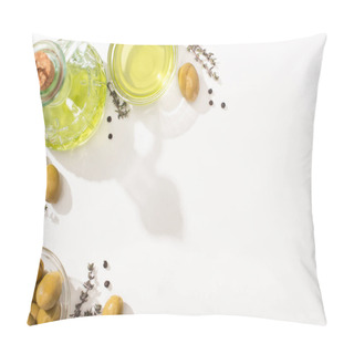 Personality  Top View Of Olive Oil In Bowl And Bottle Near Green Olives, Herb And Black Pepper On White Background Pillow Covers