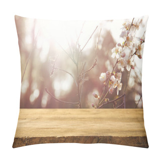 Personality  Wooden Table In Front Of Spring White Cherry Blossoms Tree Pillow Covers