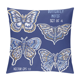 Personality Detailed Butterflies Hand Painted Icon Motif. Realistic Blue Morpho Wings For Nature Clip Art Sticker, Isolated Element. Midgnight Indigo Blue Exotic Collection Of Winged Insect. Set Of 4 Vector EPS10 Pillow Covers
