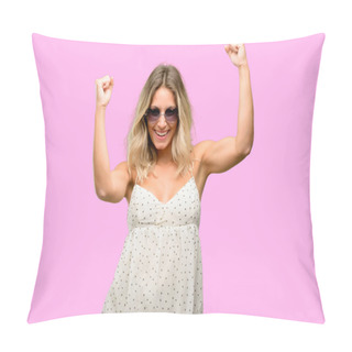 Personality  Young Woman Wearing Sunglasses With Heart Shape Happy And Excited Celebrating Victory Expressing Big Success, Power, Energy And Positive Emotions. Celebrates New Job Joyful Pillow Covers