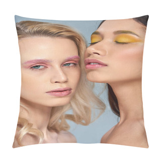 Personality  Feminine Beauty Concept, Interracial Women With Vibrant Eye Makeup Posing Together On Blue Backdrop Pillow Covers