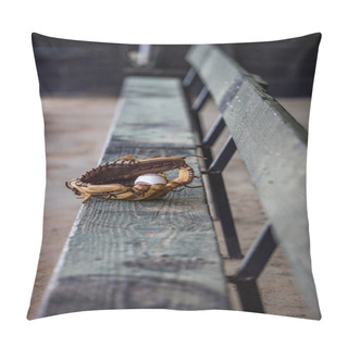 Personality  Empty Dug Out Bench At A Baseball Field With A Lone Baseball Glove And Baseball Sitting In The Middle. Pillow Covers
