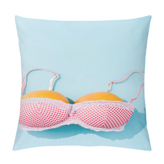 Personality  Top View Of Bra With Two Oranges On Blue With Copy Space, Breasts Concept Pillow Covers