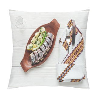 Personality  Marinated Herring, Potatoes And Onions In Earthenware Plate With Glass Of Vodka, Cutlery And Embroidered Towel On White Wooden Background Pillow Covers