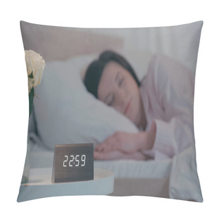 Personality  Flower And Clock On Bedside Table Near Blurred Woman Sleeping At Home  Pillow Covers