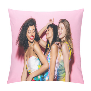 Personality  Attractive Happy Fashionable Multiethnic Girlfriends Dancing On Pink Pillow Covers