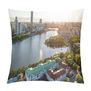 Personality  The Central Pond Of The City. A View Of The Skyscrapers. Sunset. Aerial View (drone). Yekaterinburg, Russia Pillow Covers