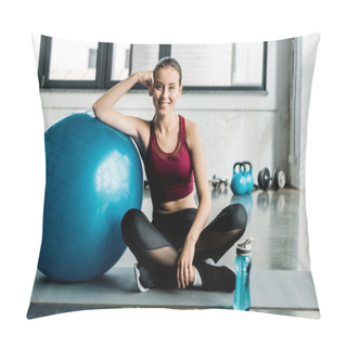 Personality  Beautiful Sportswoman Looking At Camera And Sitting On Mat With Blue Fitness Ball At Gym Pillow Covers