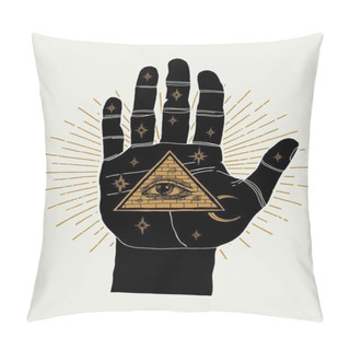 Personality  Palmistry Palm With Eye Of Providence And Moon And Stars In It. Vintage Occult Illustration. Pillow Covers