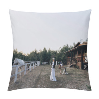 Personality  Woman In Long Dress With Daughter Spending Time Together On The Ranch  Pillow Covers