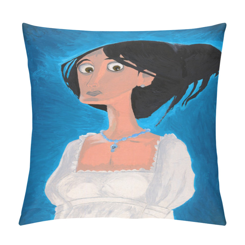 Personality  Girl portrait on canvas with oil paints. View girl on a blue background in a white dress. pillow covers