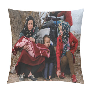 Personality  Refugees And Migrants Wait To Be Transferred To The Port Of Mytilene From The Village Of Skala Sikamias, On The Island Of Lesbos, Greece, March 4, 2020.  Pillow Covers