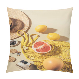 Personality  Top View Of Wicker Hat, Sunglasses, Earrings, Cream And String Bag With Fruits Pillow Covers