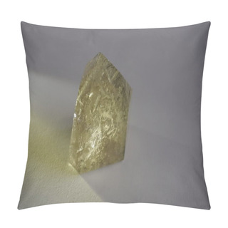 Personality  Rutilated Quartz Crystal In Golden Tones With Reflection On White Background Pillow Covers
