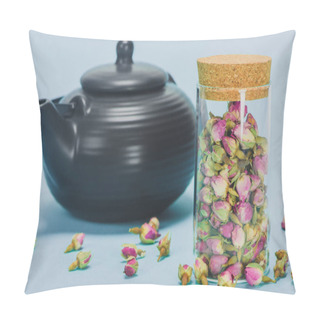 Personality  Close-up View Of Black Teapot And Dry Rose Buds In Glass Jar On Blue Pillow Covers