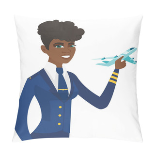 Personality  Young African Stewardess With Model Of Airplane. Pillow Covers