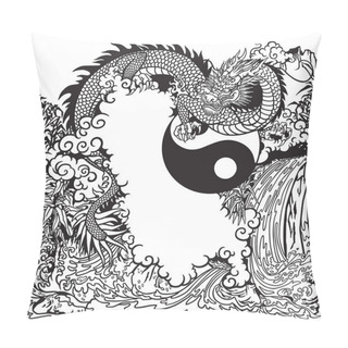 Personality  Chinese Dragon In A Landscape With Waterfall , Rocks ,plants And Clouds . Vector Illustration Included Yin Yang Symbol. Black And White Coloring Page Pillow Covers