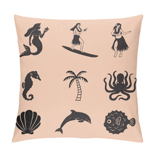 Personality  Vintage Tropical Icon Illustrations - Set Of 9 Tropical Hand Drawn Icons In A Timeless Style. Each Icon Has A Rough, Vintage Texture. Pillow Covers