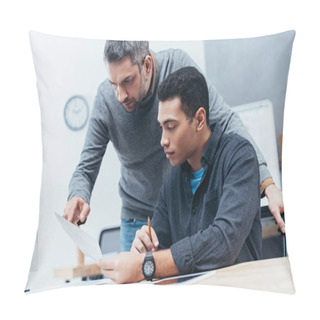 Personality  Concentrated Business Colleagues Discussing Papers At Workplace Pillow Covers