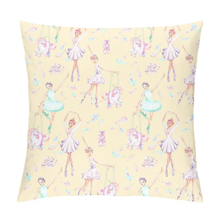 Personality  Seamless Pattern With Watercolor Ballet Dancers, Puppet Unicorns, Feathers And Pointe Shoes Pillow Covers