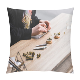 Personality  Cropped View Of Woman Rolling Joint While Sitting At Table With Medical Cannabis, Herb Grinder And Joints Pillow Covers
