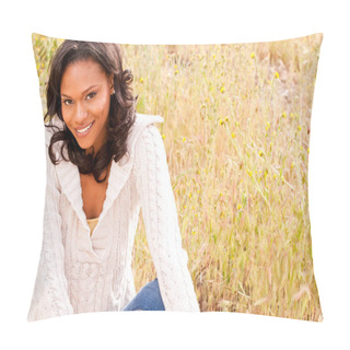 Personality  Happy Woman Sitting In A Field Smiling. Pillow Covers