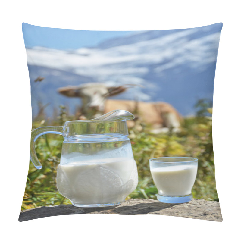 Personality  Jug of milk against herd of cows. pillow covers