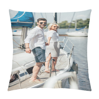 Personality  Beautiful Happy Young Couple In Sunglasses Holding Hands And Smiling At Camera On Yacht Pillow Covers
