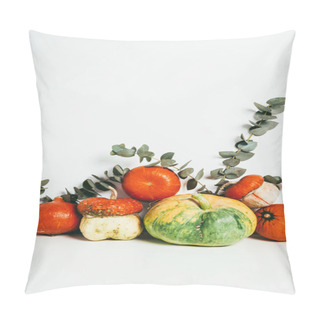 Personality  Colorful Autumn Pumpkins With Eucalyptus Branches On White Background Pillow Covers