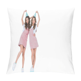 Personality  Beautiful Young Twins Posing With Birthday Caps Isolated On White Pillow Covers