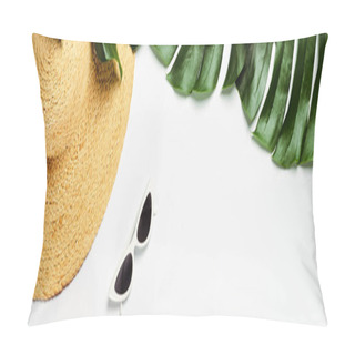 Personality  Top View Of Green Palm Leaves, Straw Hat And Sunglasses On White Background, Panoramic Shot Pillow Covers