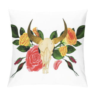 Personality  Watercolor Frame Of Flowers And Leaves Of Roses With A Petal And A Skull Of A Bull Pillow Covers