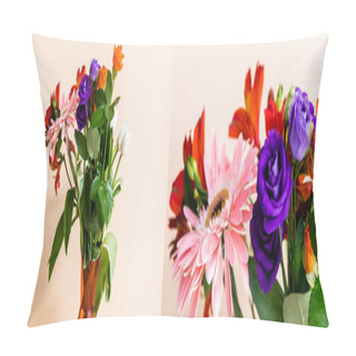 Personality  Collage Of Floral Composition With Bouquet In Orange Vase On Beige Background, Panoramic Crop Pillow Covers