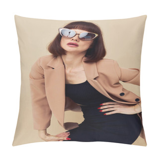 Personality  Beautiful Woman In Sunglasses Short Haired Suit Gesturing With Hands Lifestyle Unaltered Pillow Covers