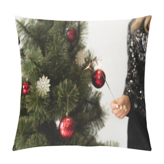 Personality  Cropped View Of Woman Holding Sparkler Near Blurred Christmas Tree Isolated On White Pillow Covers
