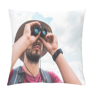 Personality  Handsome Male Tourist In Hat Looking In Binoculars Pillow Covers